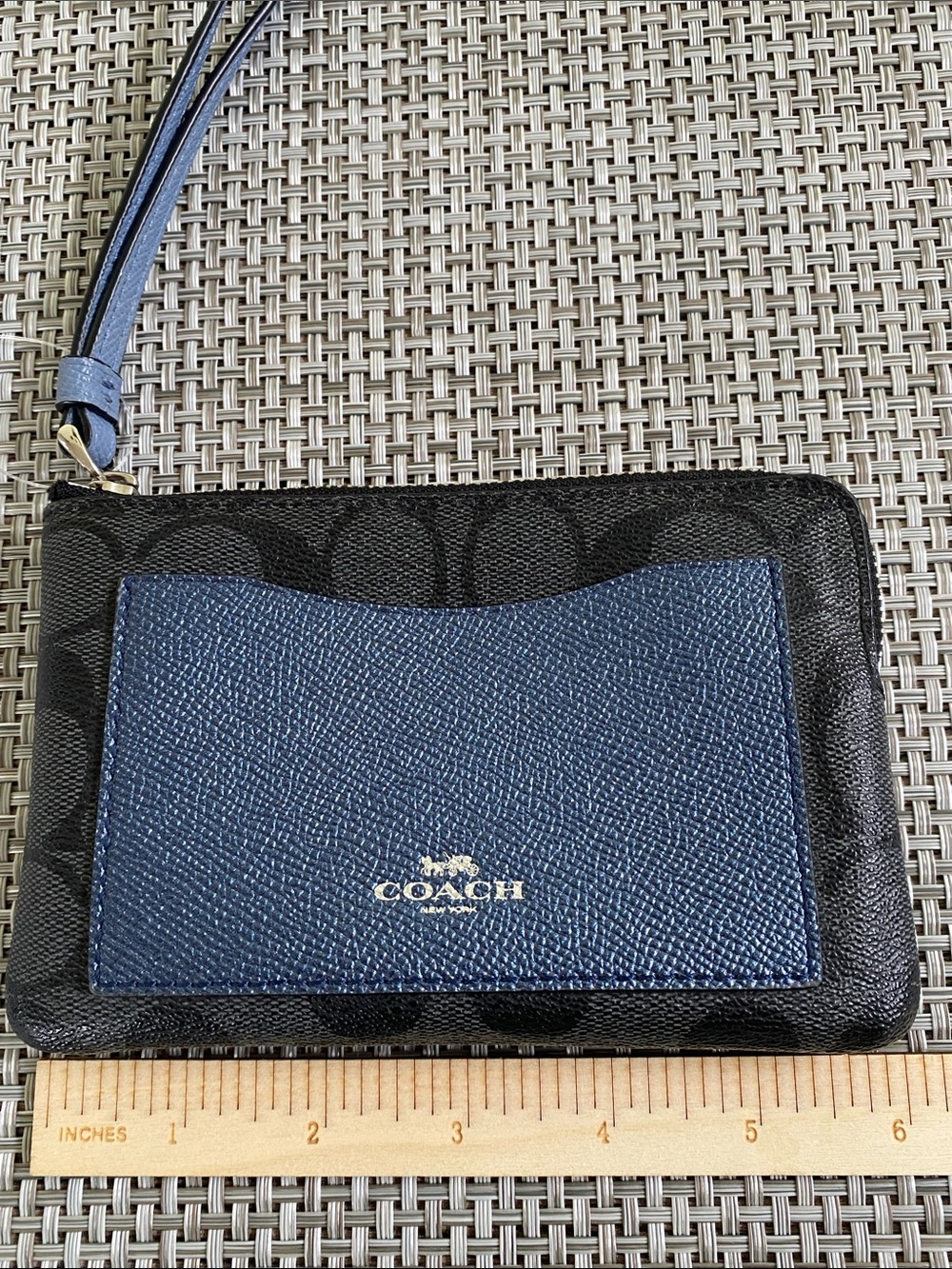 Coach Wristlet Black and Metallic Navy Card Holder Wallet Corner Zip - Picture 14 of 15